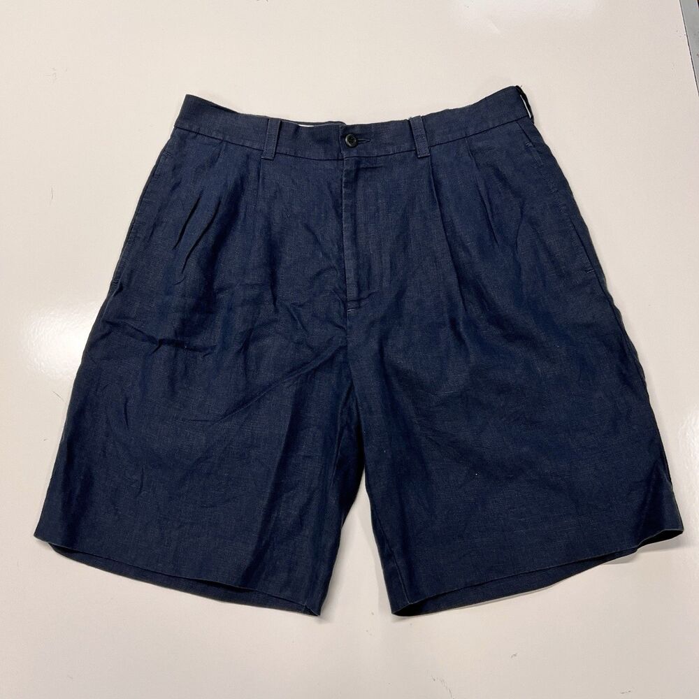 Brooks Brothers Mens Navy Blue 100% Irish Linen Pleated Shorts W32